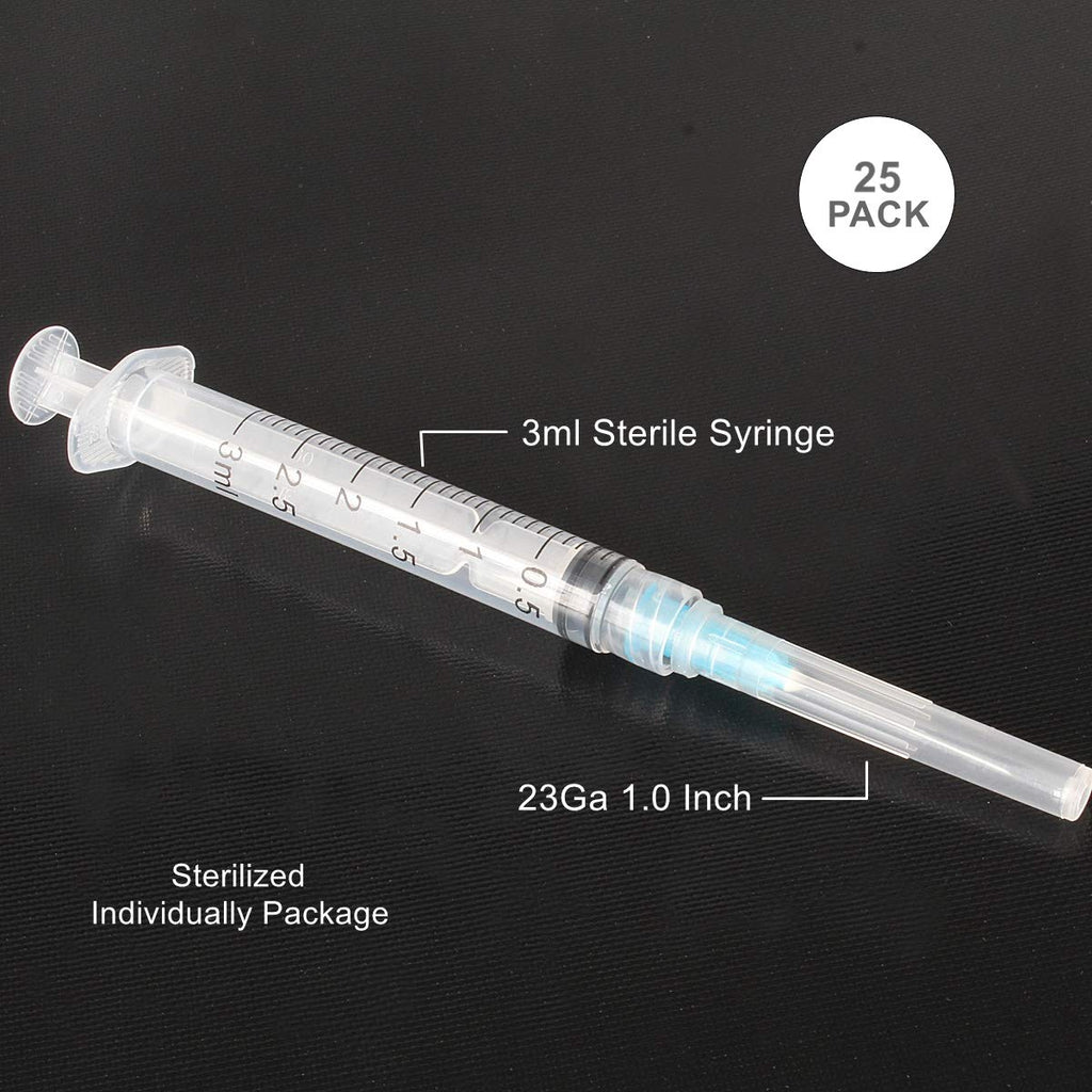 BSTEAN 25 Pack 3ml Disposable Sterile Syringe with 23Ga 1.0 Inch Needle, Individual Package
